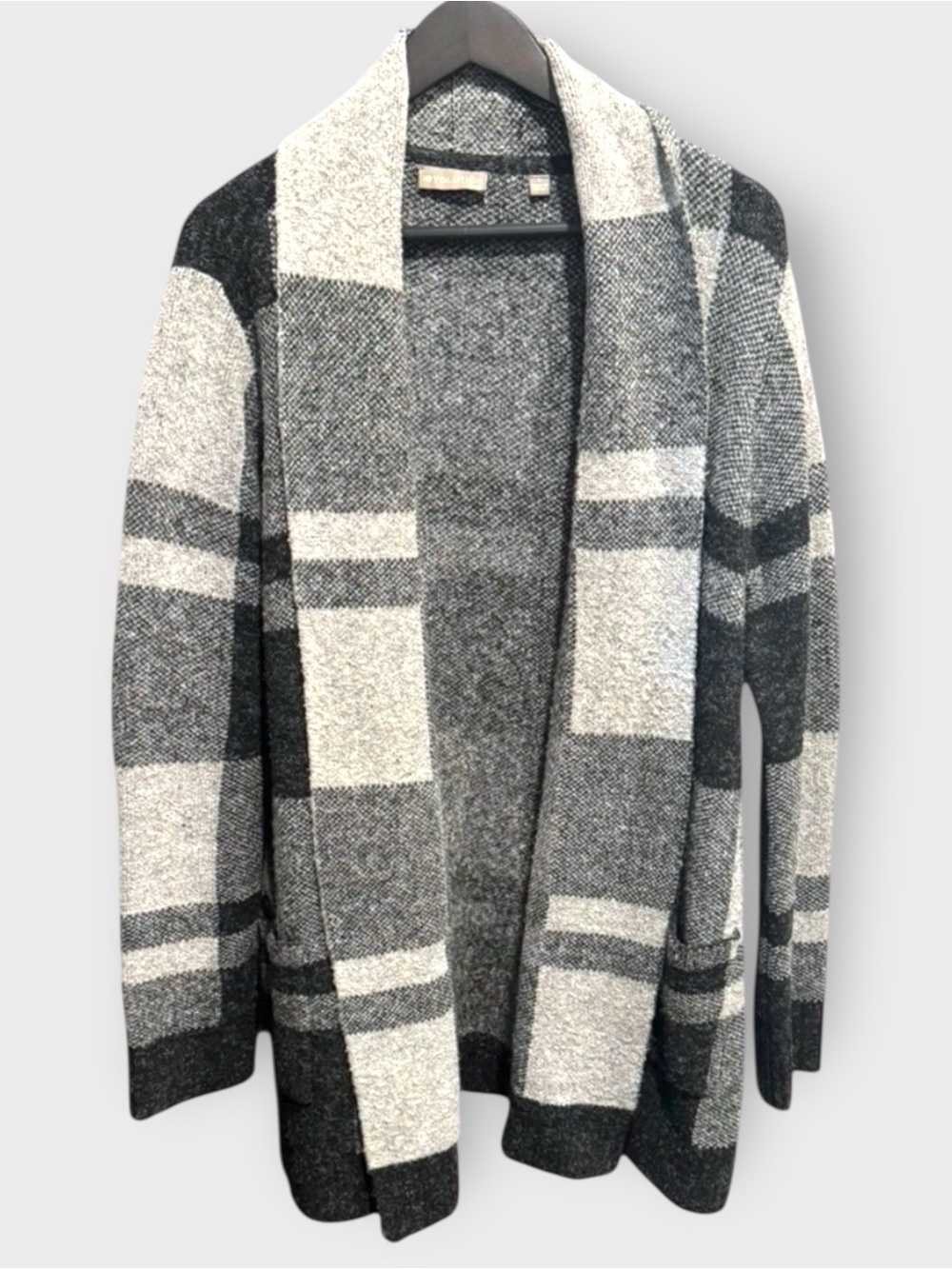 Evolution by Cyrus Plaid Belted Sweater Coat Gray Size Large Open Front Coatigan